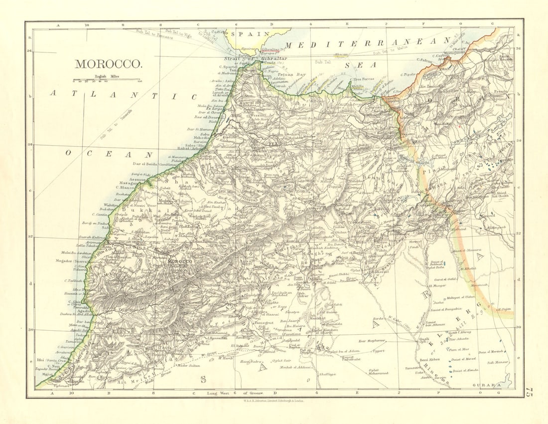 MOROCCO. Showing Atlas mountains rivers towns. Marrakech. JOHNSTON 1906 map: Title: MOROCCO. Showing Atlas mountains rivers towns. Marrakech. JOHNSTON 1906 map Description: Morocco' by Johnston, W & AK. Published 1906. Colour antique map. Size 21 x 27 cm | 8.0 x 10.5 inches. C