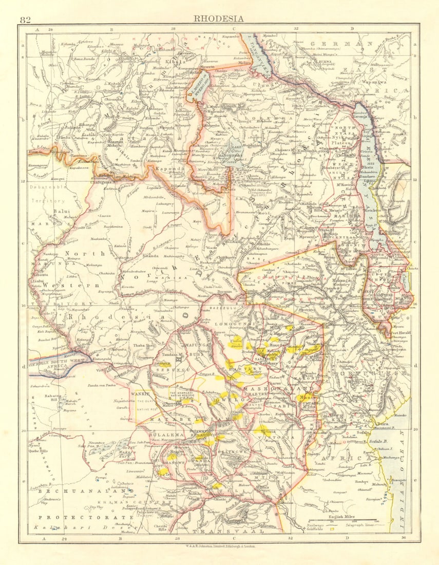 RHODESIA. Goldfields (yellow). Zambesia. Zambia Malawi Zimbabwe 1906 map: Title: RHODESIA. Goldfields (yellow). Zambesia. Zambia Malawi Zimbabwe 1906 map Description: Rhodesia' by Johnston, W & AK. Published 1906. Colour antique map. Size 21 x 27 cm | 8.0 x 10.5 inches.