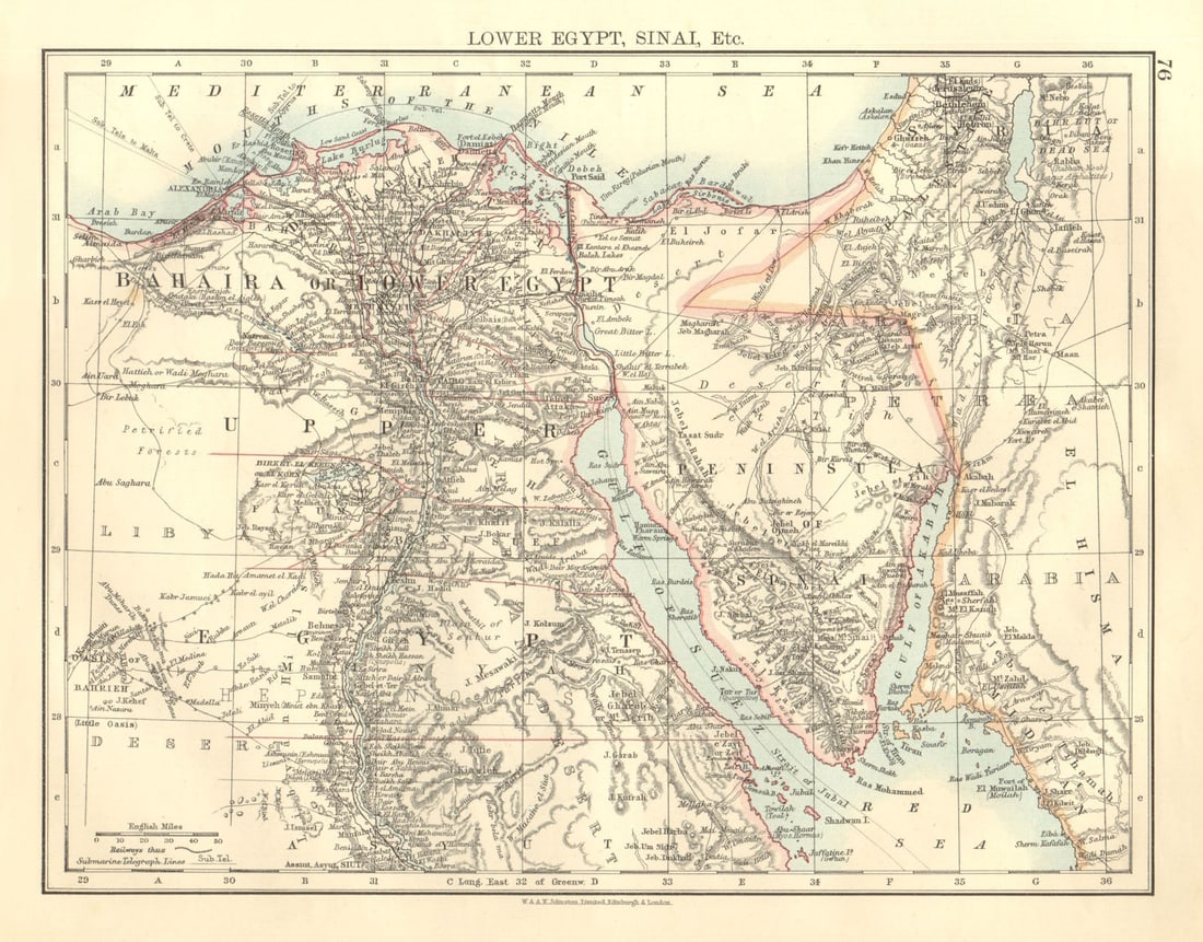 LOWER EGYPT & SINAI. Provinces. Nile valley/delta. Railways. JOHNSTON 1906 map: Title: LOWER EGYPT & SINAI. Provinces. Nile valley/delta. Railways. JOHNSTON 1906 map Description: Lower Egypt, Sinai, Etc' by Johnston, W & AK. Published 1906. Colour antique map. Size 21 x 27 cm |
