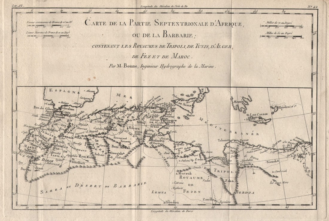 Carte de la partie septentrionale d'Afrique, ou de la Barbarie… BONNE 1780 map: Title: "Carte de la partie septentrionale d'Afrique, ou de la Barbarie…" BONNE 1780 map Description: Carte de la partie septentrionale d'Afrique, ou de la Barbarie; contenant les Royaumes de