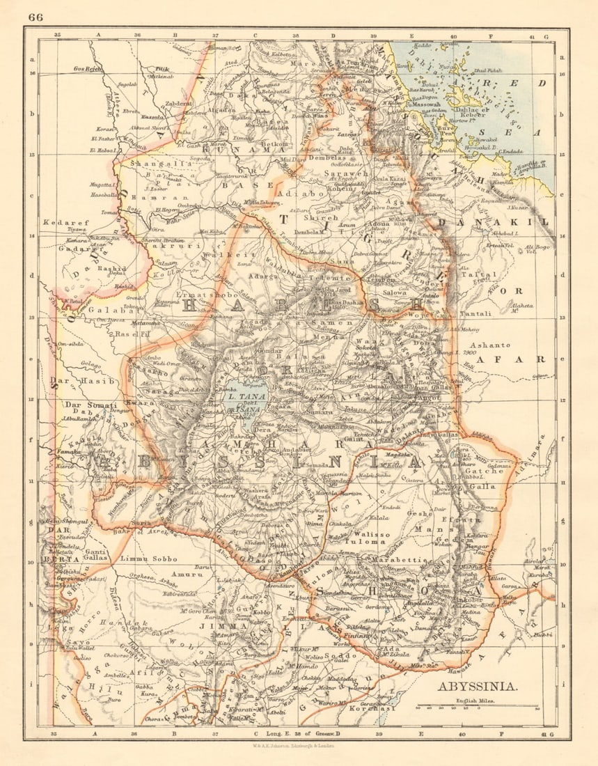 HABESH or ABYSSINIA Tigre Amhara Shoa Godjam Ethiopia JOHNSTON 1892 old map: Title: HABESH or ABYSSINIA Tigre Amhara Shoa Godjam Ethiopia JOHNSTON 1892 old map Description: Abyssinia'. W. & A.K. Johnston, Limited, Edinburgh & London. Published 1892. Antique colour map. Size 28