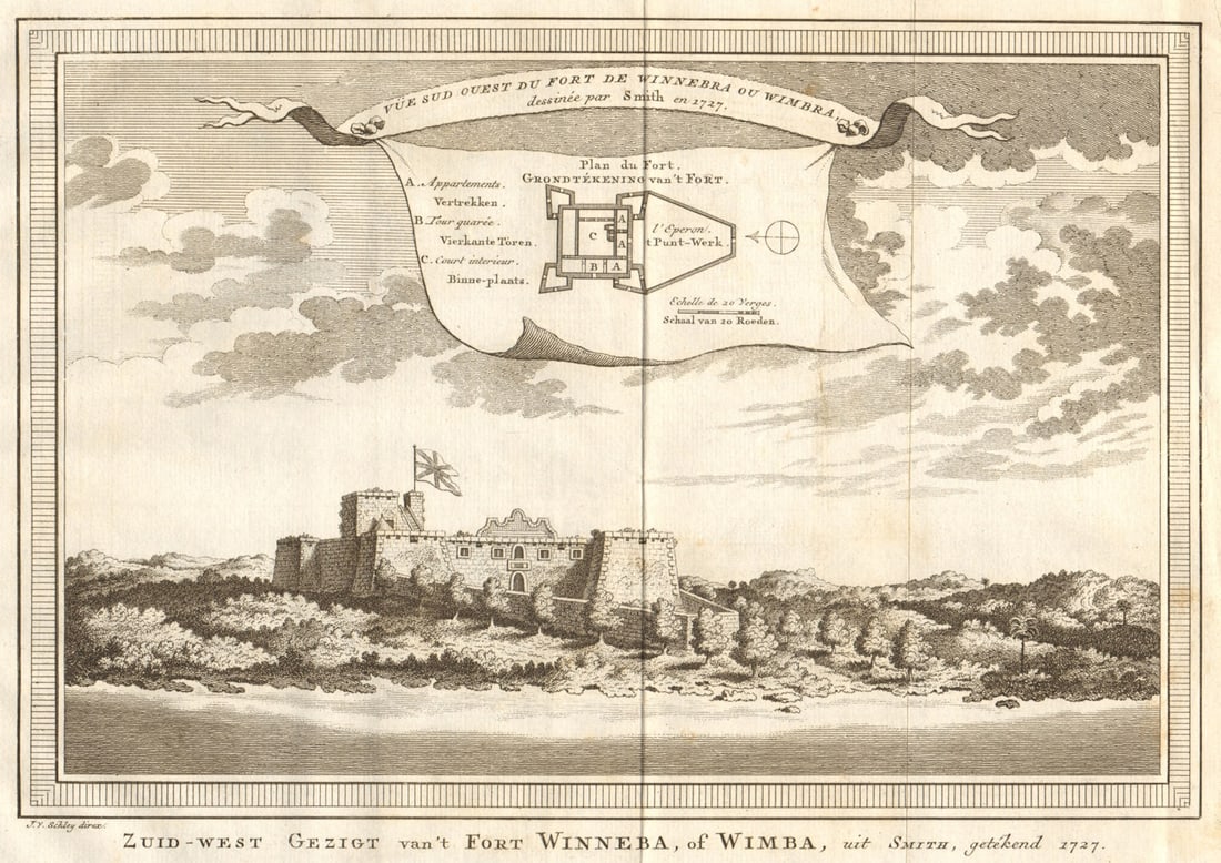 Vue Sud-Ouest du Fort de Winnebra ou Wimbra'. Fort Winneba, Ghana. SCHLEY 1747: Title: Vue Sud-Ouest du Fort de Winnebra ou Wimbra'. Fort Winneba, Ghana. SCHLEY 1747 Description: Vue Sud-Ouest du Fort de Winnebra ou Wimbra [Southwest view Fort Winneba] by Schley, Jakob van der. P