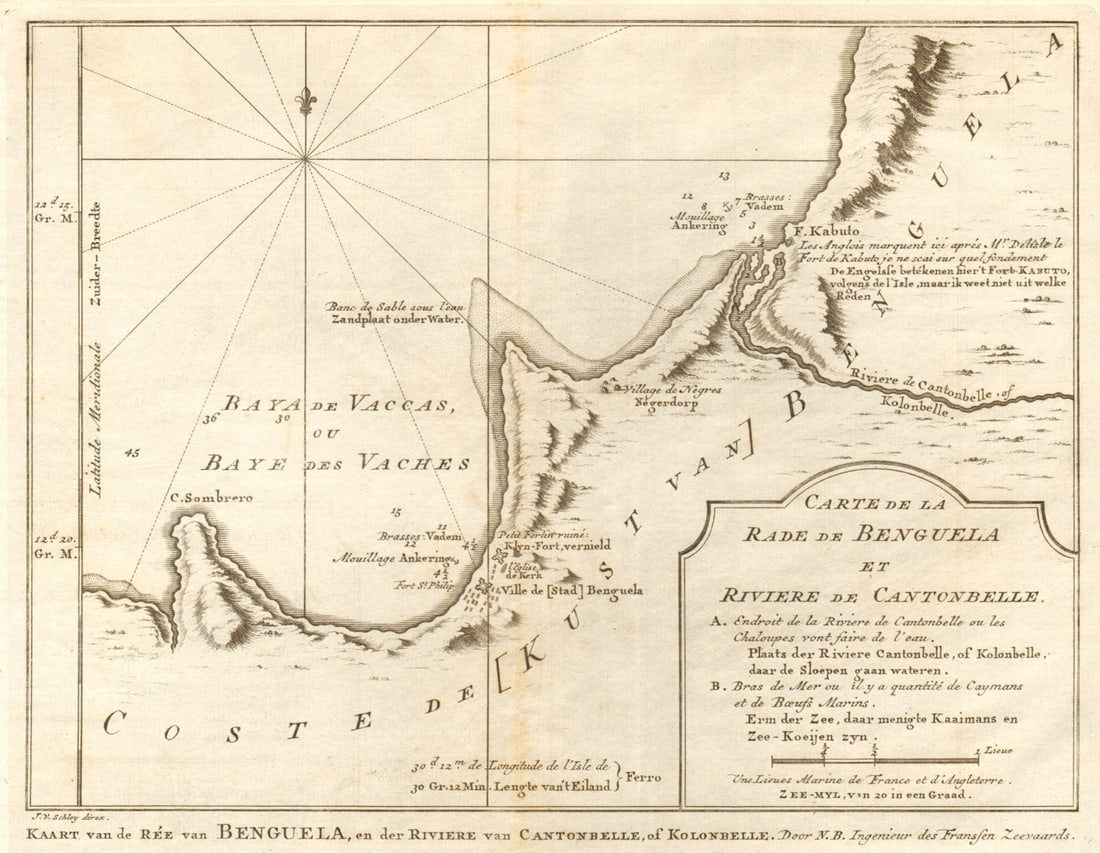 La Rade de Benguela & Rivière de Cantonbelle'. Angola. BELLIN/SCHLEY 1748 map: Title: La Rade de Benguela & Rivière de Cantonbelle'. Angola. BELLIN/SCHLEY 1748 map Description: Carte de la Rade de Benguela, et Rivière de Cantonbelle [Map of Benguela Bay, and the