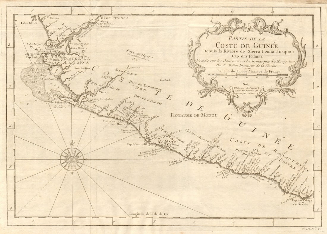 Partie de la Coste de Guinée'. Sierra Leone & Liberia coast. BELLIN 1747 map: Title: Partie de la Coste de Guinée'. Sierra Leone & Liberia coast. BELLIN 1747 map Description: Partie de la Coste de Guinée, depuis la Riviere de Sierra Leona jusqu’au Cap das