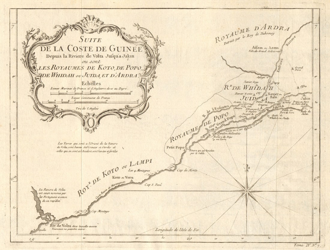 Suite de la Coste de Guinée'. Ghana Togo Benin coast. Whidah. BELLIN 1747 map: Title: Suite de la Coste de Guinée'. Ghana Togo Benin coast. Whidah. BELLIN 1747 map Description: Suite de la Coste de Guinée, depuis la Rivière de Volta, jusqu'à Jakin ou sont