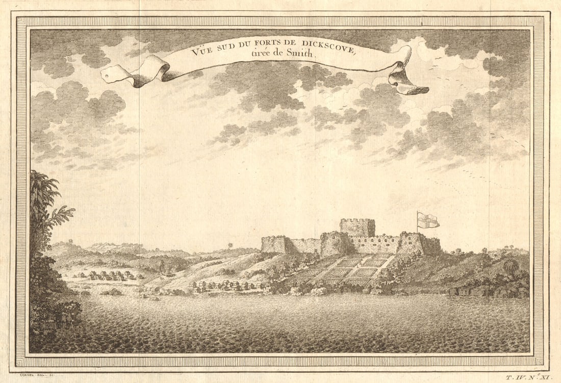 Fort de Dickscove'. Fort Dixcove or Metal Cross, Princes Town, Ghana 1747: Title: Fort de Dickscove'. Fort Dixcove or Metal Cross, Princes Town, Ghana 1747 Description: Vue sud du Fort de Dickscove tirée de Smith [View of Fort Dixcove, from Smith] by Bellin,