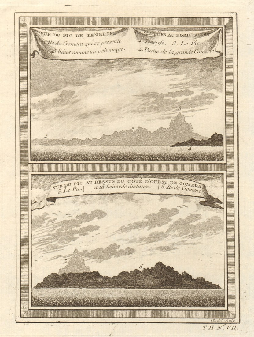 Mount Teide, Tenerife, Canary islands. From Northwest & behind Gomera 1746: Title: Mount Teide, Tenerife, Canary islands. From Northwest & behind Gomera 1746 Description: Vue du Pic de Ténérife a 34. lieuës au Nord-Ouest; Vue du Pic au-dessus du côte de Go