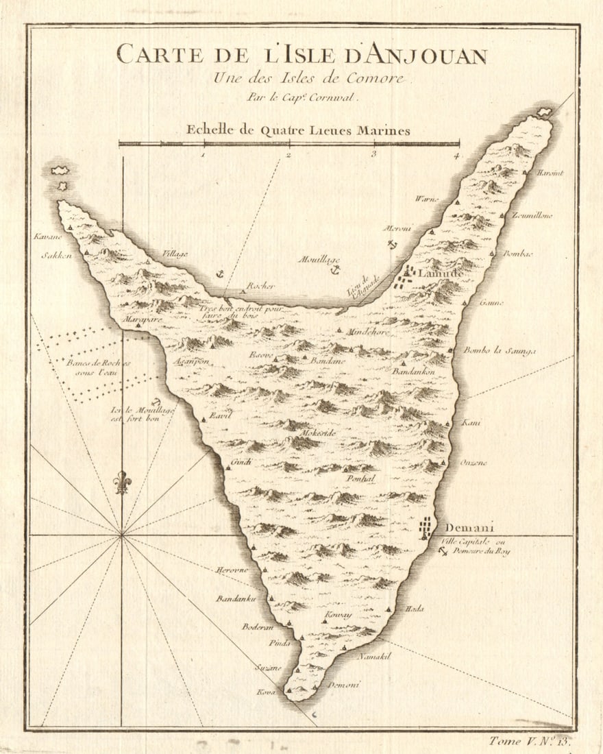 L’lsle d’Anjouan, une des lsles de Comore'. Comoros islands. BELLIN 1748 map: Title: L’lsle d’Anjouan, une des lsles de Comore'. Comoros islands. BELLIN 1748 map Description: Carte de l’lsle d’Anjouan, une des lsles de Comore, par le Capitaine Cornwal
