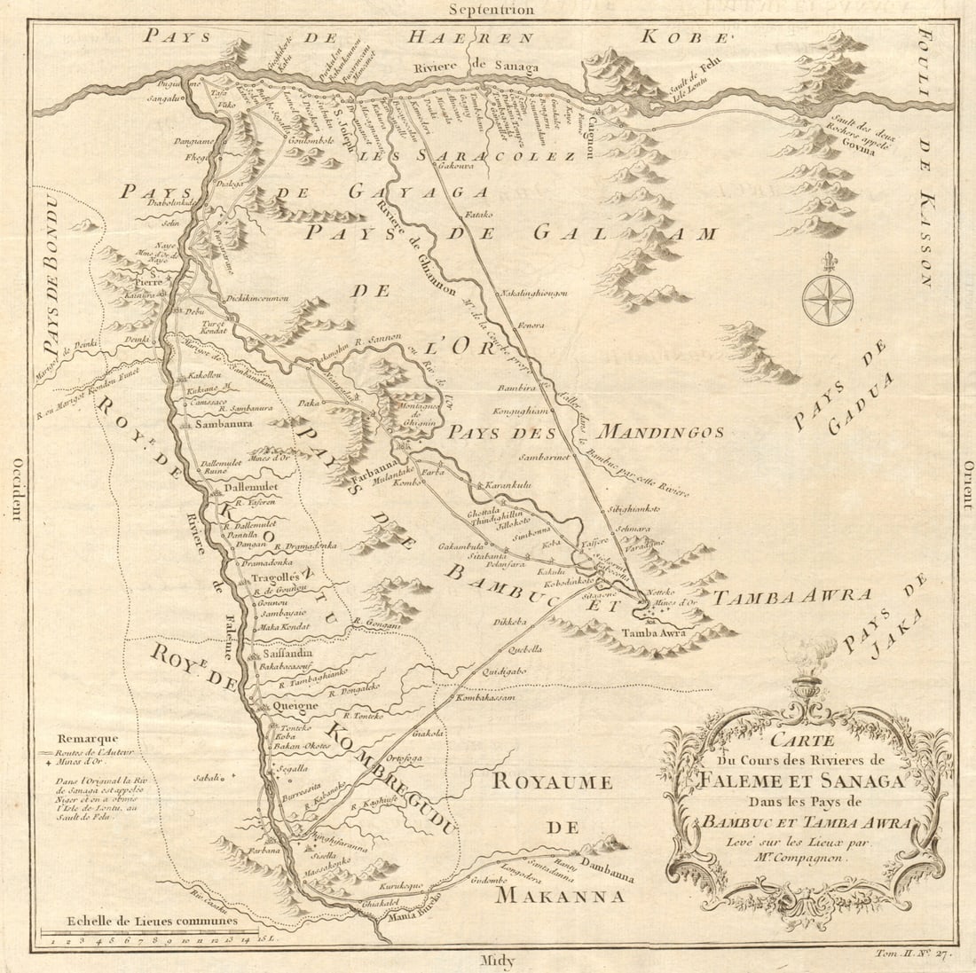Cours des rivieres de Falémé & Sanaga'. Senegal river. Mali. BELLIN 1746 map: Title: Cours des rivieres de Falémé & Sanaga'. Senegal river. Mali. BELLIN 1746 map Description: Carte du Cours des Rivieres de Faleme, et Sanaga, dans le Pays de Bambuc, et Tamba Awra lev&#