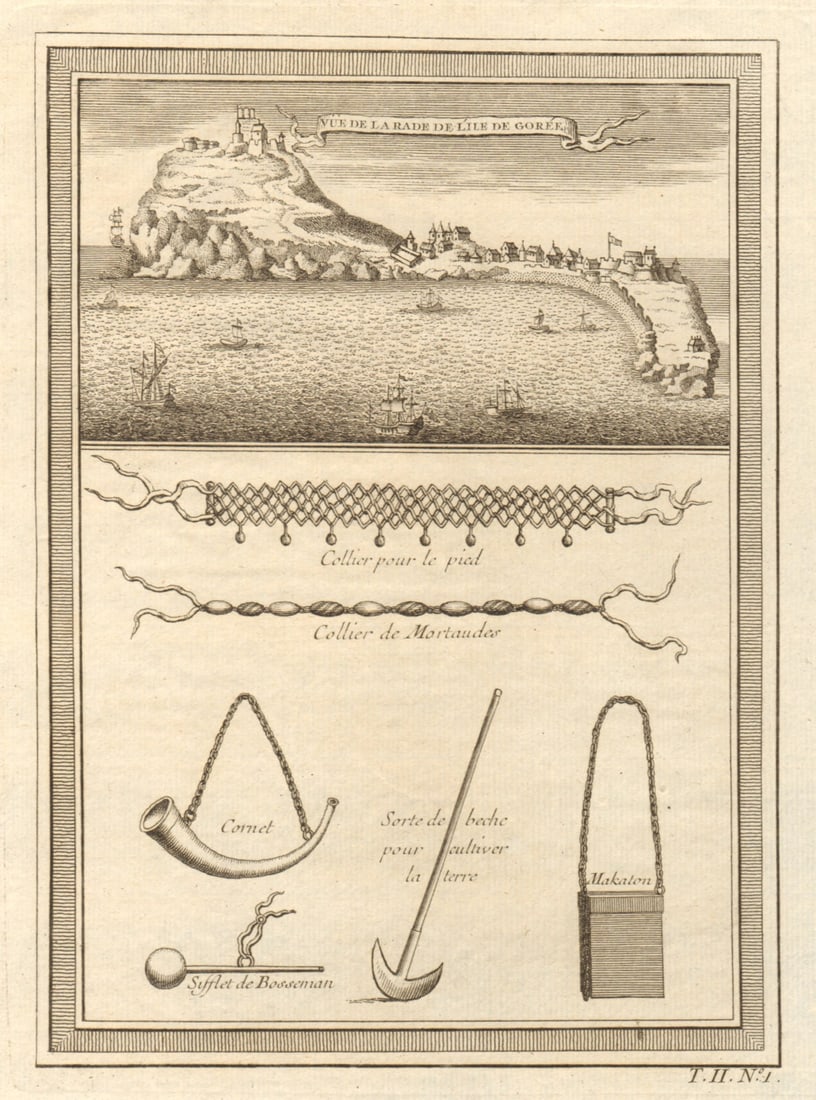 La Rade de l’lle de Gorée'. Goree, Dakar, Senegal. Slave trade. Necklaces 1746: Title: La Rade de l’lle de Gorée'. Goree, Dakar, Senegal. Slave trade. Necklaces 1746 Description: Vue de la Rade de l’lle de Gorée // Cillier pour le pied; Collier de
