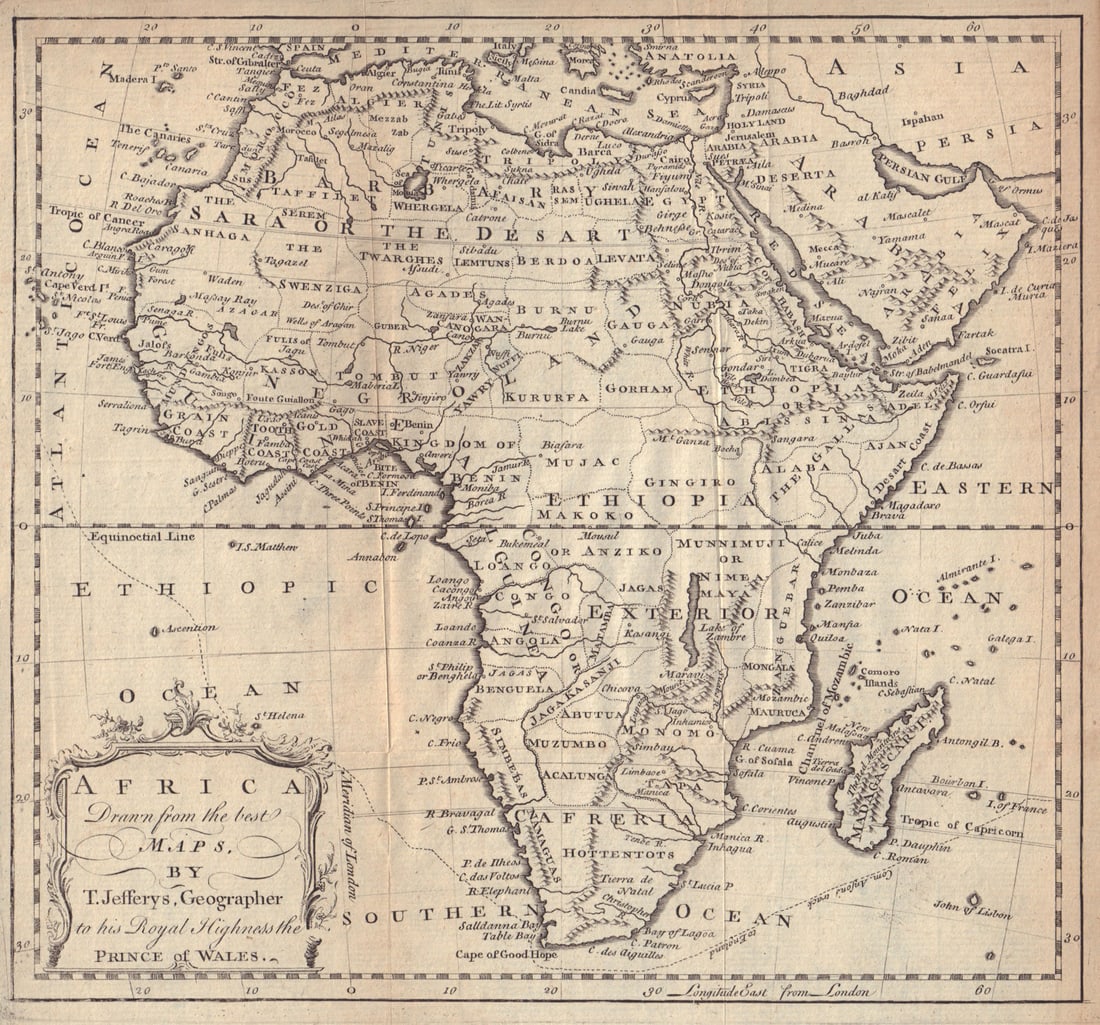 Africa drawn from the best maps by T. Jefferys. Tribal regions 1748 old: Title: Africa drawn from the best maps by T. Jefferys. Tribal regions 1748 old Description: Africa drawn from the best maps by T. Jefferys, Geographer to his Royal Highness the Prince of Wales'. One