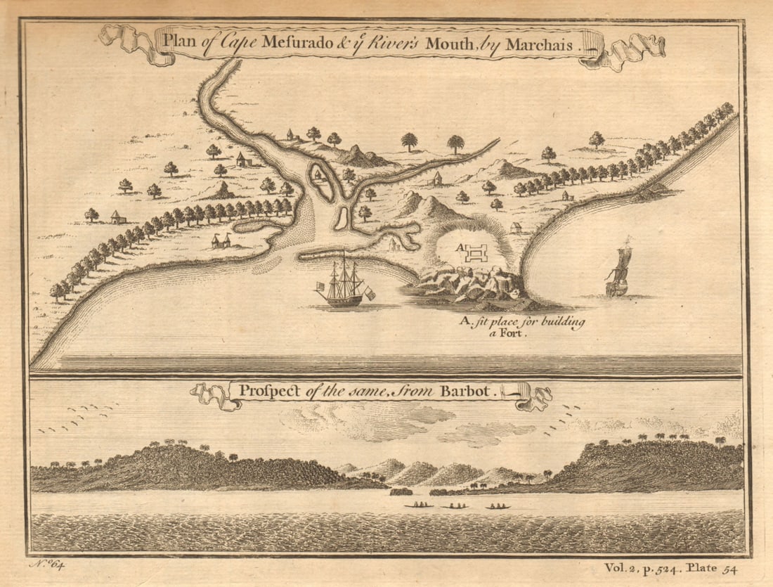 Cape Mesurado & [St Paul] River's Mouth. Monrovia, Liberia. MARCHAIS 1745 map: Title: Cape Mesurado & [St Paul] River's Mouth. Monrovia, Liberia. MARCHAIS 1745 map Description: Plan of Cape Mesurado and ye River's Mouth // Prospect of the same, from Barbot'. Reynaud des Marchais