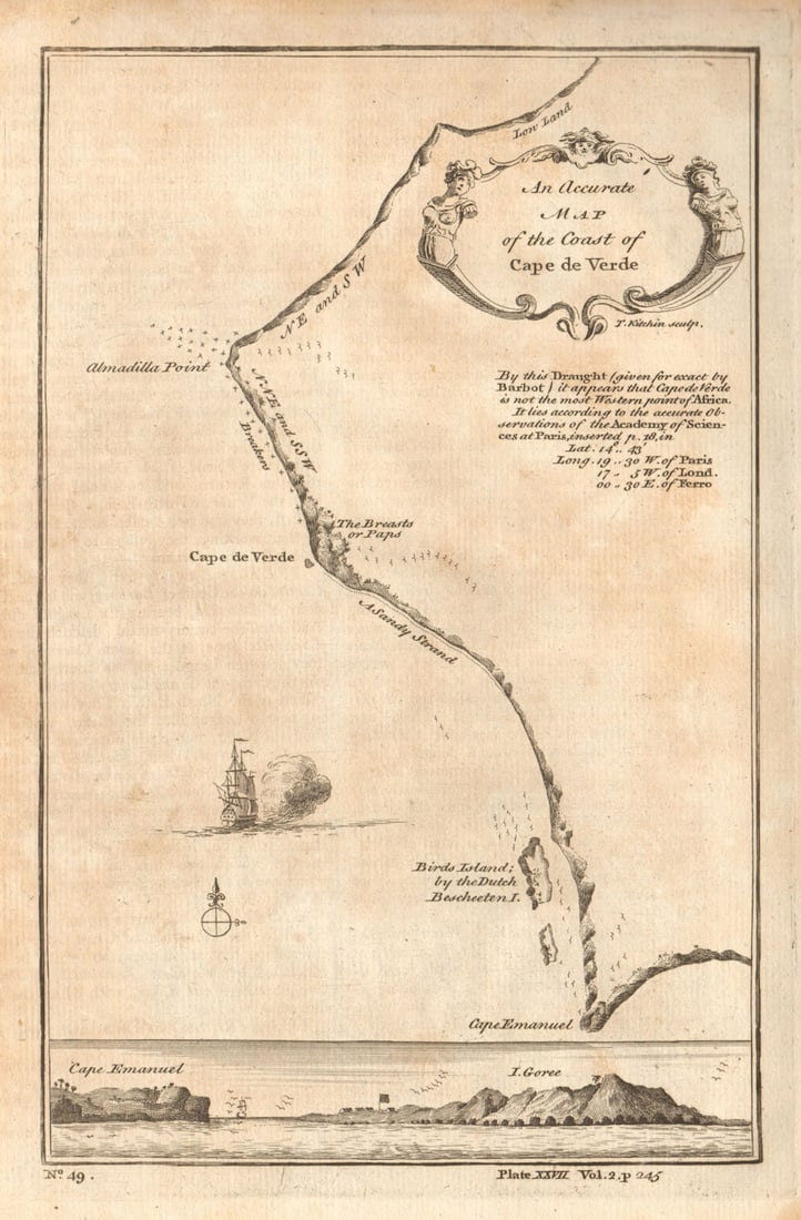Map of the coast of Cape de Verde. Cap Vert Senegal Dakar. KITCHIN 1745: Title: Map of the coast of Cape de Verde. Cap Vert Senegal Dakar. KITCHIN 1745 Description: An accurate map of the coast of Cape de Verde' by Kitchin, Thomas. Published 1745. Antique copperplate map.