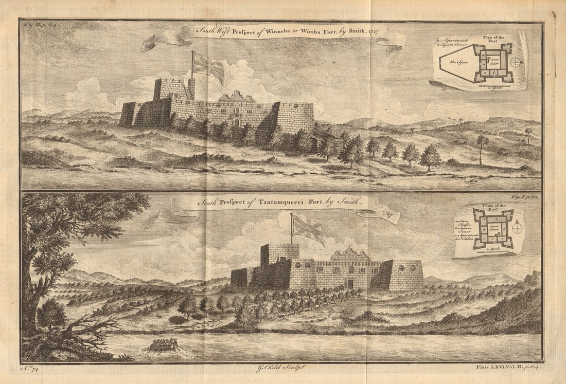 Ghana colonial forts. Fort Winneba. Fort Tantumquerry, Otuam, Mfantseman 1745: Title: Ghana colonial forts. Fort Winneba. Fort Tantumquerry, Otuam, Mfantseman 1745 Description: South prospect of Tantumquerri Fort // South west prospect of Winneba or Wimba Fort' by Child, George.