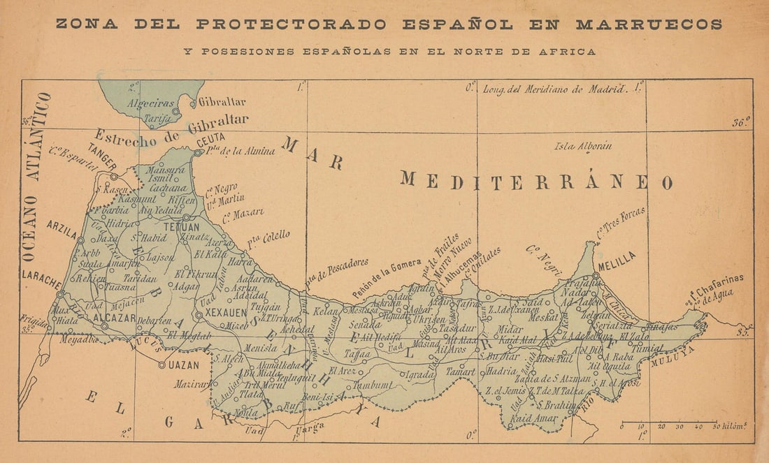 Zona del protectorado Español en Marruecos. Spanish Morocco 1914 old map: Title: Zona del protectorado Español en Marruecos. Spanish Morocco 1914 old map Description: Zona del protectorado Español en Marruecos' by Bailly-Bailliere. Published 1914. Antique colour m