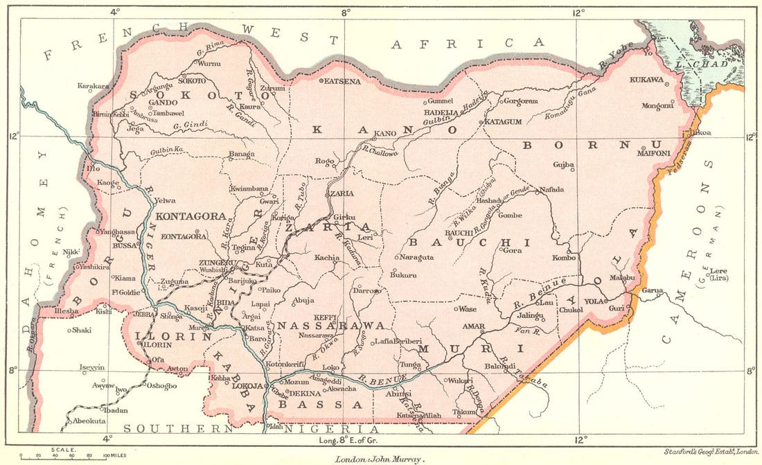 NIGERIA. North 1911 old antique vintage map plan chart: Title: NIGERIA. North 1911 old antique vintage map plan chart Description: Northern Nigeria'. Stanford's Geographical Estabt.. Published 1911. Colour antique map. Size 12 x 20 cm | 4.5 x 7.5 inches.