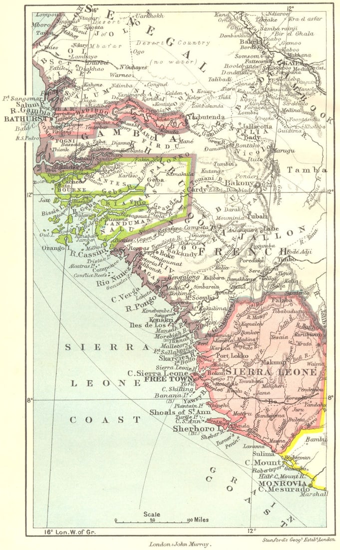 GAMBIA. Sierra Leone 1911 old antique vintage map plan chart: Title: GAMBIA. Sierra Leone 1911 old antique vintage map plan chart Description: Gambia and Sierra Leone'. Stanford's Geographical Estabt.. Published 1911. Colour antique map. Size 20 x 13 cm | 8.0 x