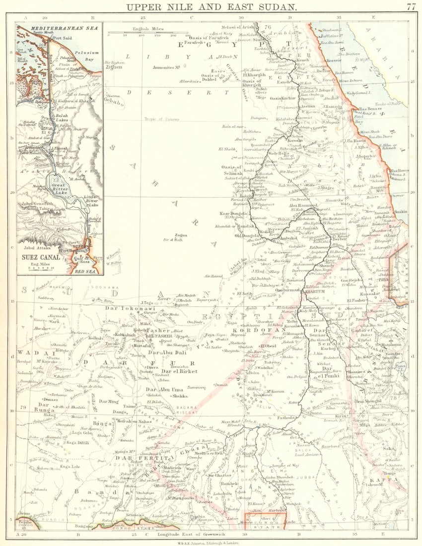 UPPER NILE, EAST SUDAN & SUEZ CANAL. Khartoum.White/Blue Nile.JOHNSTON 1899 map (1 of 1)