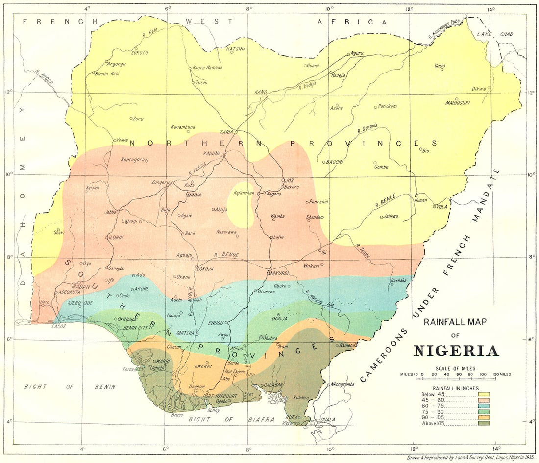 NIGERIA. Rainfall Map of Nigeria 1936 old vintage plan chart: Title: NIGERIA. Rainfall Map of Nigeria 1936 old vintage plan chart Description: Rainfall Map of Nigeria'. Drawn & Reproduced by Land & Survey Department, Lagos, Nigeria. Published 1936. Colour
