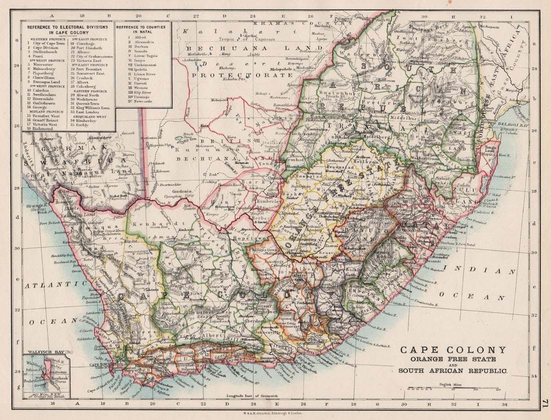 COLONIAL SOUTH AFRICA. Cape Colony. Orange Free State. SA Republic 1897 map: Title: COLONIAL SOUTH AFRICA. Cape Colony. Orange Free State. SA Republic 1897 map Description: Cape Colony Orange free State and South African Republic; Inset map of Walfisch Bay (Br.)'. W. & A.K.