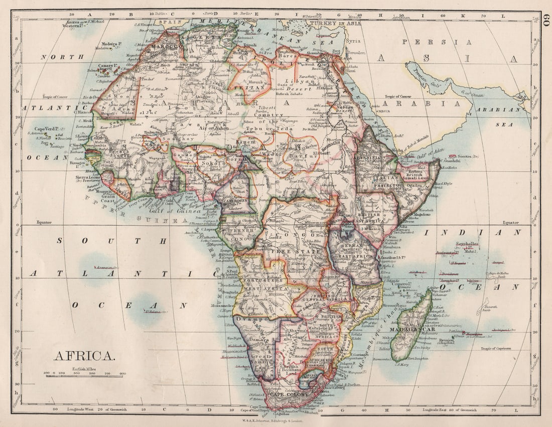 COLONIAL AFRICA. British East/Central/South Africa. Bechuanaland 1897 old map: Title: COLONIAL AFRICA. British East/Central/South Africa. Bechuanaland 1897 old map Description: Africa'. W. & A.K. Johnston. Published 1897. Antique colour map. Size 21 x 27 cm | 8.0 x 10.5 inches.