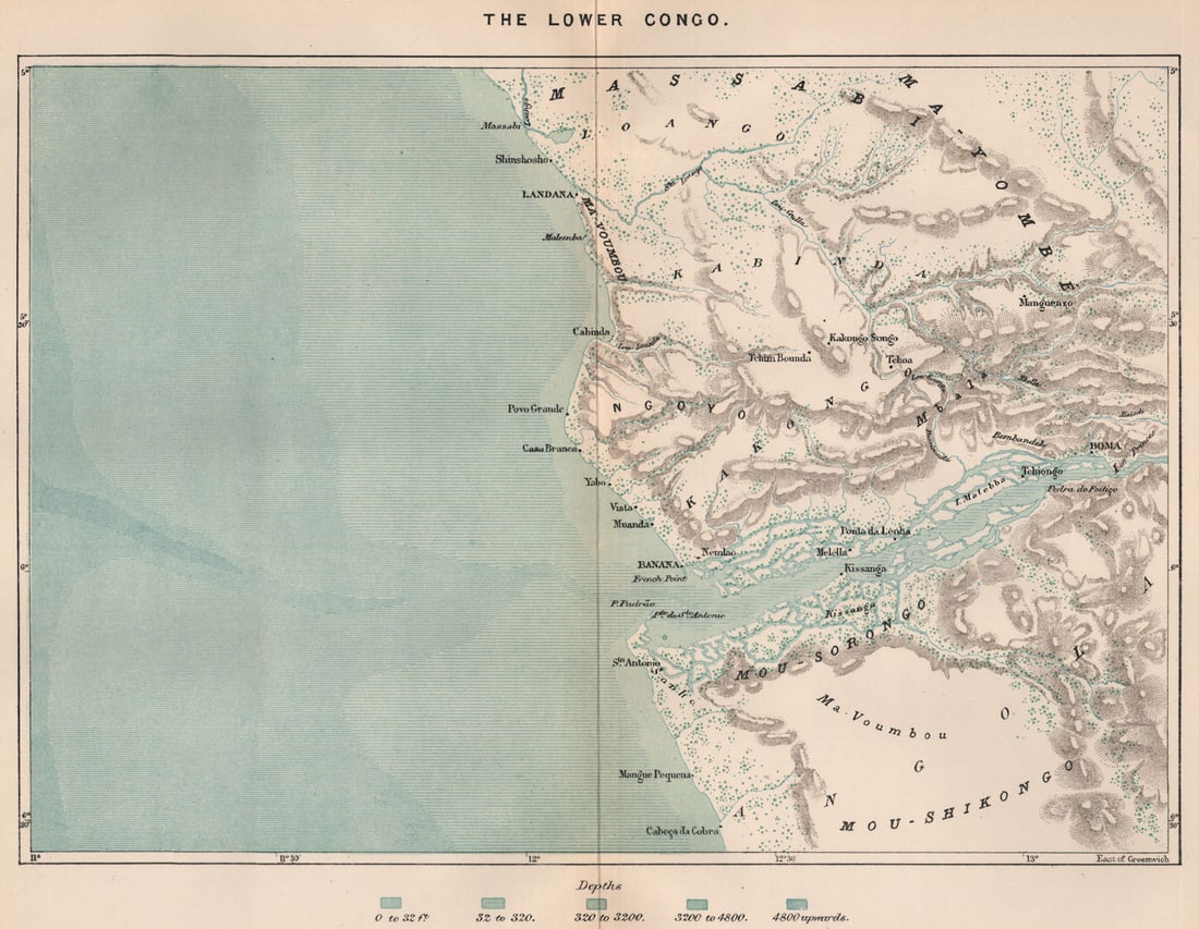The Lower Congo. Congo Basin 1885 old antique vintage map plan chart: Title: The Lower Congo. Congo Basin 1885 old antique vintage map plan chart Description: The Lower Congo'. Engraved for Élisée Reclus. Published 1885. Antique colour map. Size 23 x 30 cm | 9