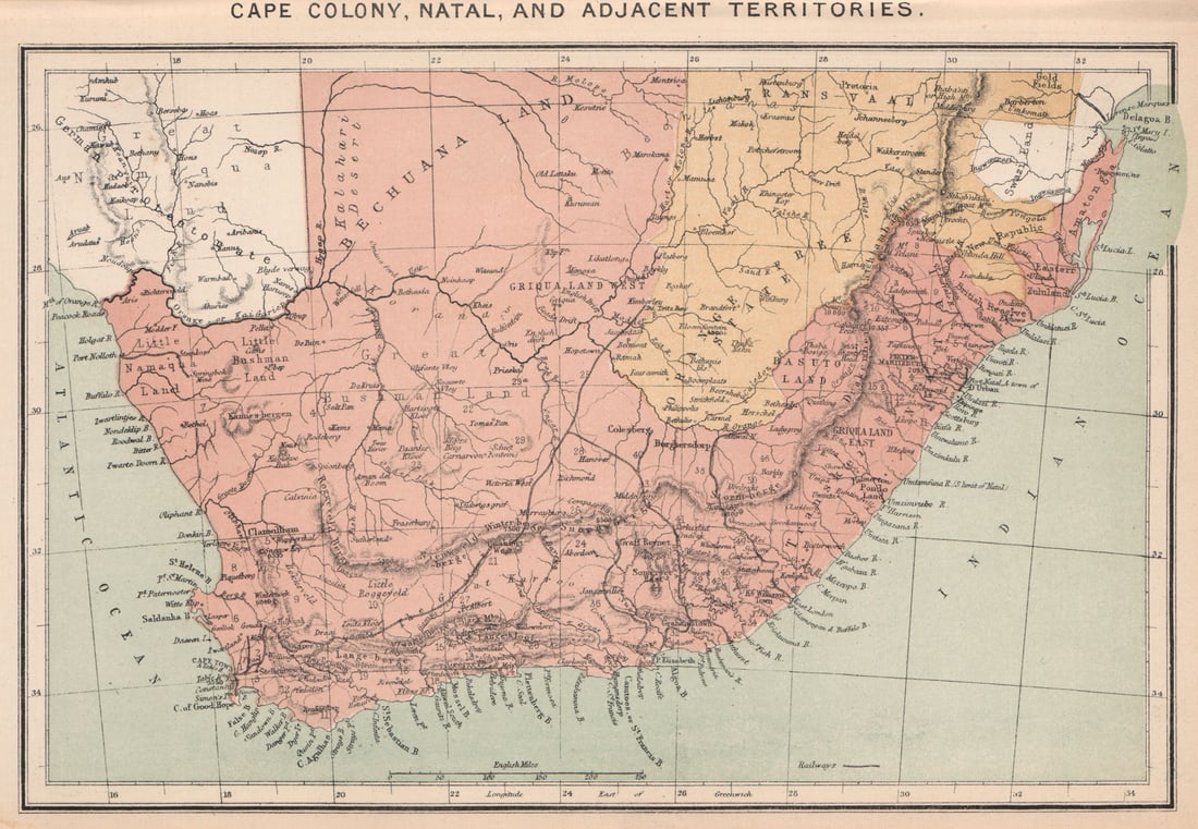 Cape Colony, Natal, and adjacent Territories. South Africa 1885 old map (1 of 1)