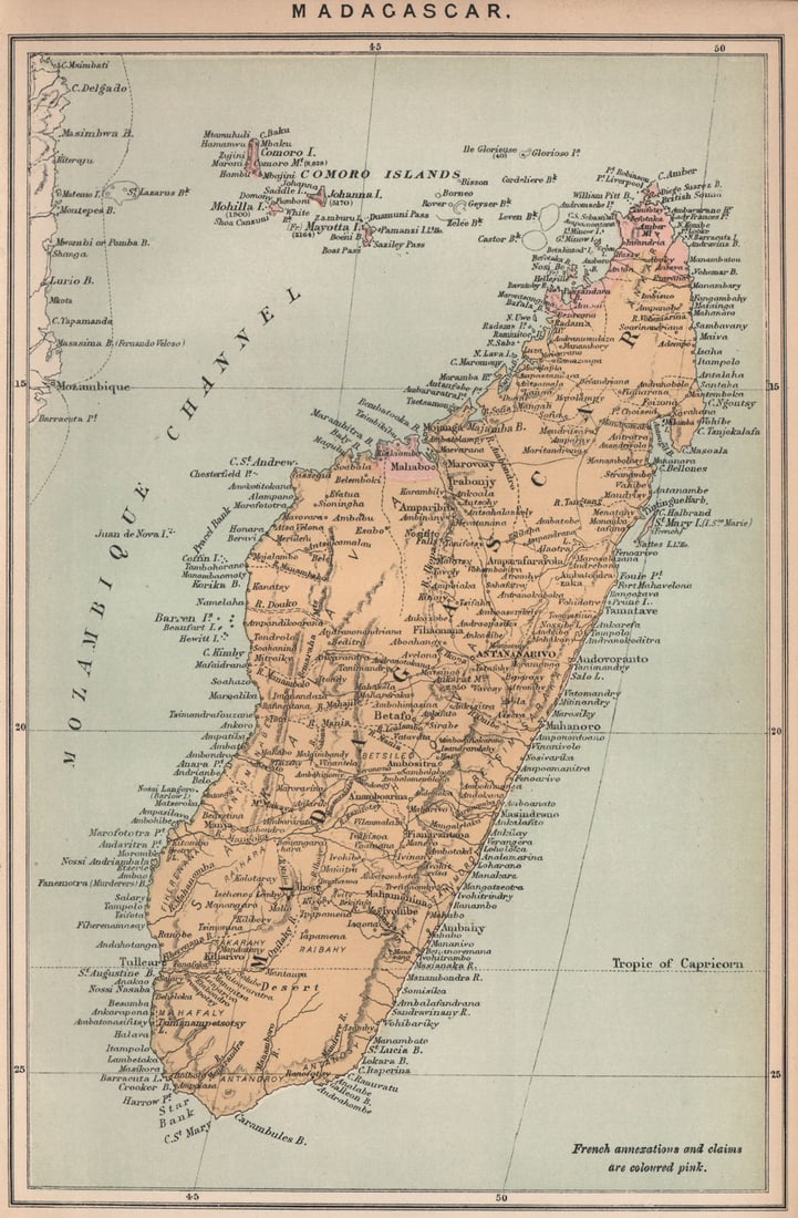 Madagascar. East African Islands 1885 old antique vintage map plan chart: Title: Madagascar. East African Islands 1885 old antique vintage map plan chart Description: Madagascar'. Engraved for Élisée Reclus. Published 1885. Antique colour map. Size 26 x 17 cm | 10