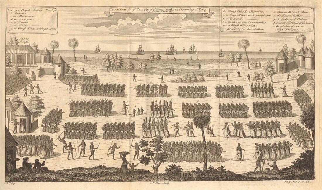 WHYDAH. Coronation procession to the Temple of the Great Snake. PARR 1746: Title: WHYDAH. Coronation procession to the Temple of the Great Snake. PARR 1746 Description: Procession to the Temple of the Great Snake on Crowning the King from Marchais'. The print shows the Coron