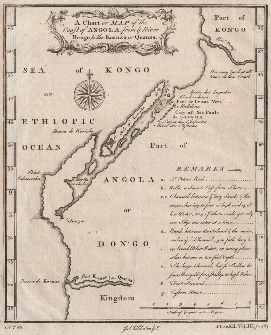 LUANDA. 'Coast of Angola, from ye River Bengo, to the Koanza'. Cuanza 1746 map: Title: LUANDA. 'Coast of Angola, from ye River Bengo, to the Koanza'. Cuanza 1746 map Description: A Chart or Map of the Coast of Angola, from ye River Bengo, to the Koanza, or Quanza' by Child,