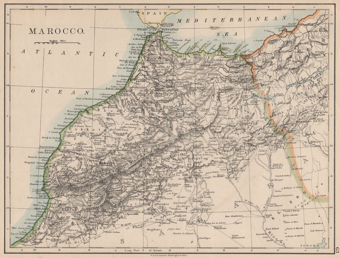 MOROCCO. Showing Atlas mountains rivers towns. Marrakech. JOHNSTON 1895 map: Title: MOROCCO. Showing Atlas mountains rivers towns. Marrakech. JOHNSTON 1895 map Description: Marocco'. W. & A.K. Johnston, Limited, Edinburgh & London. Published 1895. Antique colour map. Size 21 x