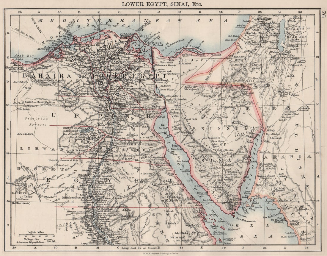 LOWER EGYPT & SINAI. Provinces. Nile valley/delta. Railways. JOHNSTON 1900 map: Title: LOWER EGYPT & SINAI. Provinces. Nile valley/delta. Railways. JOHNSTON 1900 map Description: Lower Egypt, Sinai, Etc.'. W. & A.K. Johnston, Limited, Edinburgh & London. Published 1900. Antique c