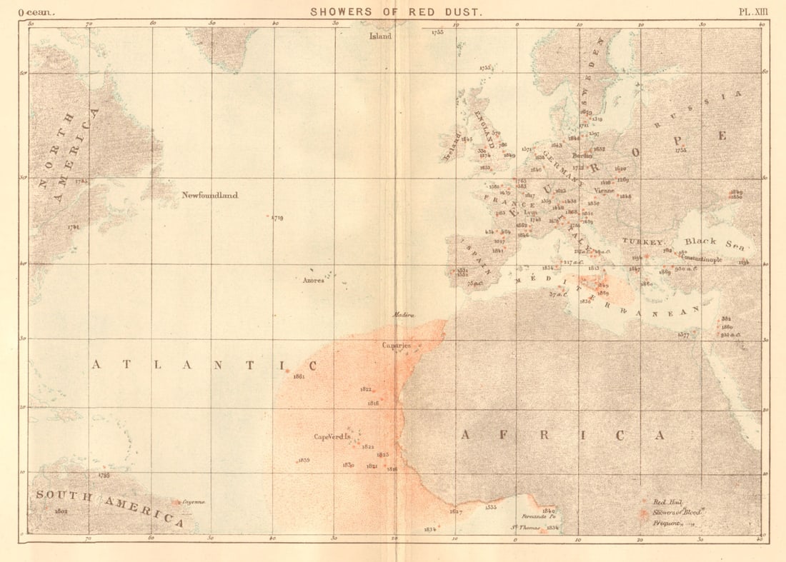 Showers of Red Dust. Africa. Sahara 1886 old antique vintage map plan chart: Title: Showers of Red Dust. Africa. Sahara 1886 old antique vintage map plan chart Description: Showers of Red Dust' by Reclus, Élisée. Published 1886. Antique engraved colour map. Size 19 x