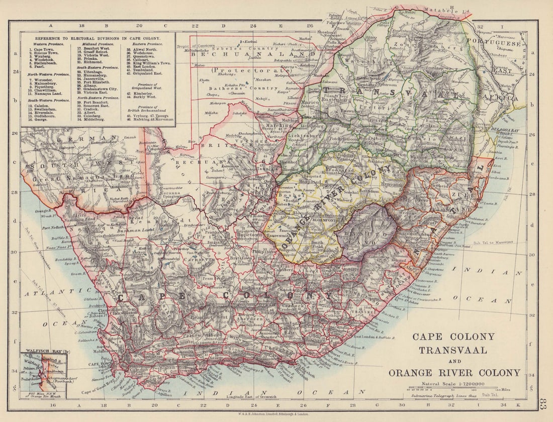 COLONIAL SOUTH AFRICA. Cape Colony. Orange River Colony. Transvaal 1910 map: Title: COLONIAL SOUTH AFRICA. Cape Colony. Orange River Colony. Transvaal 1910 map Description: Cape Colony, Transvaal & Orange River Colony' by Johnston, W & AK. Published 1910. Colour antique