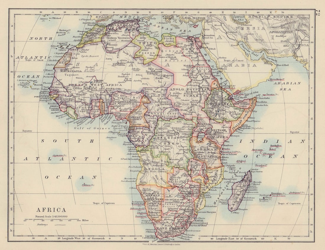 COLONIAL AFRICA. Cape Colony Rhodesia Portuguese East/West. JOHNSTON 1910 map: Title: COLONIAL AFRICA. Cape Colony Rhodesia Portuguese East/West. JOHNSTON 1910 map Description: Africa [Political] by Johnston, W & AK. Published 1910. Colour antique map. Size 21 x 27 cm | 8.5 x
