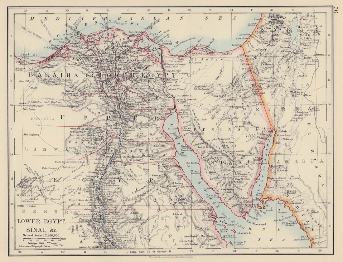 LOWER EGYPT & SINAI. Provinces. Nile valley/delta. Railways. JOHNSTON 1910 map: Title: LOWER EGYPT & SINAI. Provinces. Nile valley/delta. Railways. JOHNSTON 1910 map Description: Lower Egypt, Sinai &c' by Johnston, W & AK. Published 1910. Colour antique map. Size 21 x 28 cm