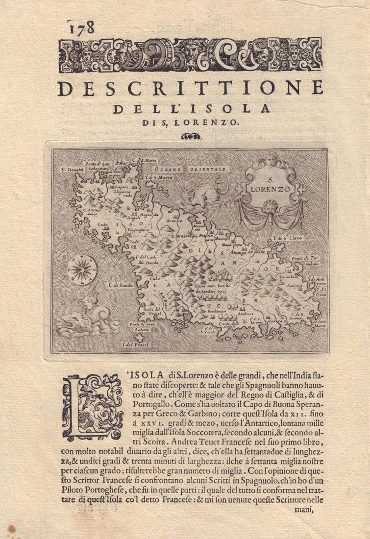 Descrittione dell' Isola di S. Lorenzo. PORCACCHI. Madagascar 1590 old map: Title: Descrittione dell' Isola di S. Lorenzo. PORCACCHI. Madagascar 1590 old map Description: Descrittione dell' Isola di S. Lorenzo [Description of the island of Madagascar] by Porcacchi, Tomaso.