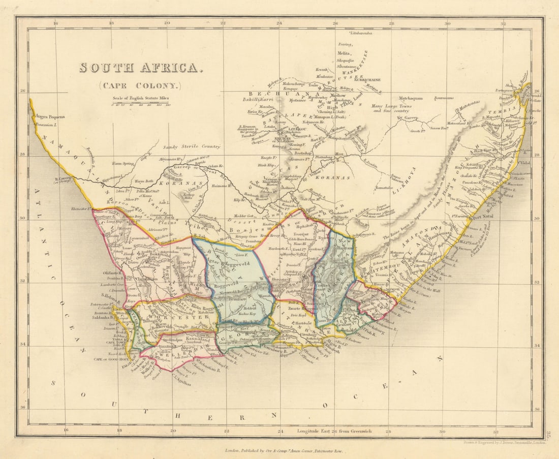 South Africa (Cape Colony) by John Dower. Western Cape regions/counties 1845 map (1 of 1)