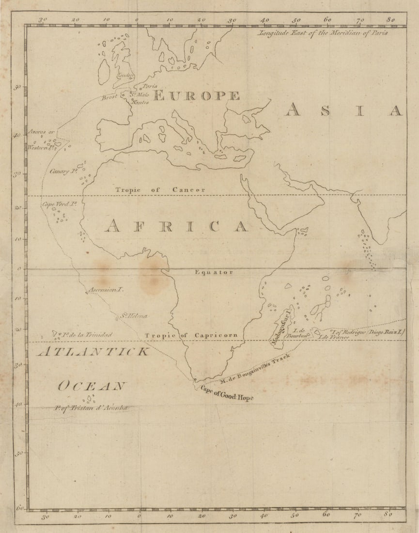 Bougainville's 1766 circumnavigation. France-Africa-Réunion. GENTS MAG 1774 map (1 of 1)