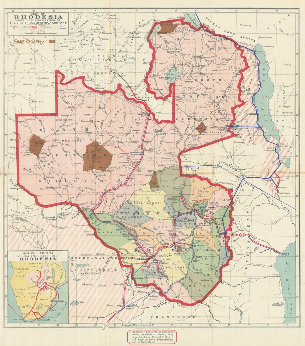 Rhodesia… British South Africa Company. Game reserves. Zimbabwe Zambia 1910 map: Title: Rhodesia… British South Africa Company. Game reserves. Zimbabwe Zambia 1910 map Description: Map of Rhodesia under the administration of the British South Africa Company [Game reserves].
