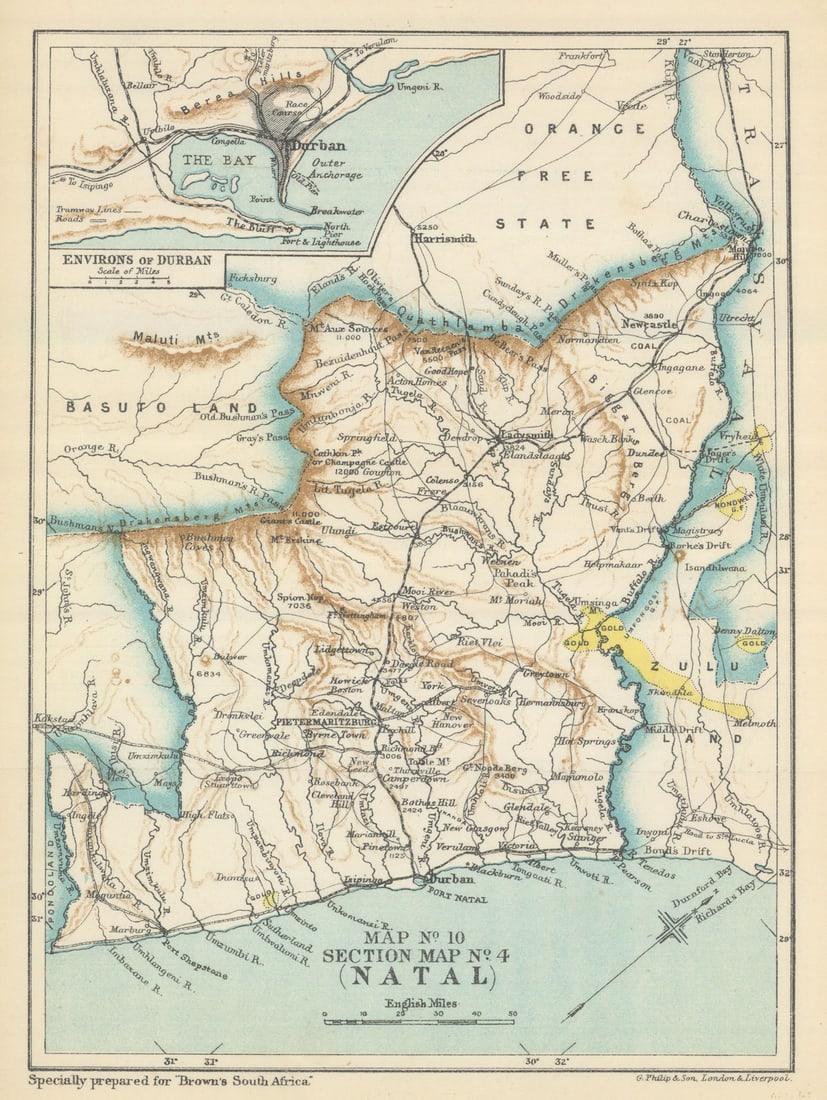 South Africa - Natal & Durban environs. Goldfields. SAMLER BROWN 1899 map (1 of 1)
