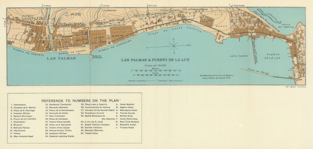 Las Palmas city plan, Gran Canaria, Canary Islands. SAMLER BROWN 1932 old map: Title: Las Palmas city plan, Gran Canaria, Canary Islands. SAMLER BROWN 1932 old map Description: Las Palmas & Puerto de la Luz [Grand Canary] by Brown, Alfred Samler. Published 1932. Vintage