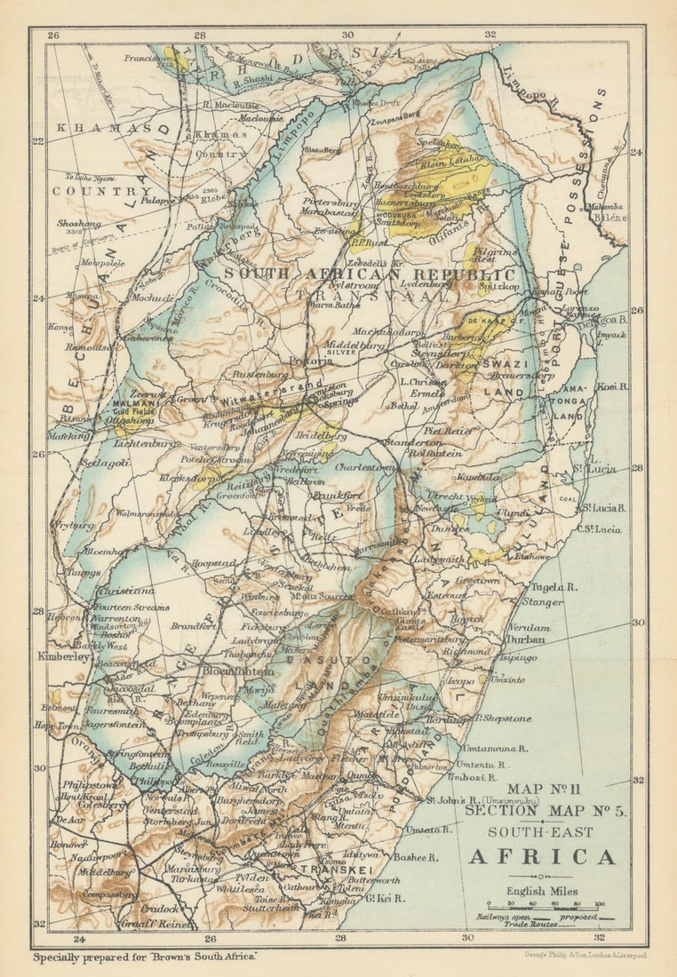South Africa - Transvaal & Orange Free State. Goldfields. SAMLER BROWN 1899 map: Title: South Africa - Transvaal & Orange Free State. Goldfields. SAMLER BROWN 1899 map Description: Map No. 11 - Section Map No. 5 - South-east Africa [The Transvaal and Orange Free State, Zululand,