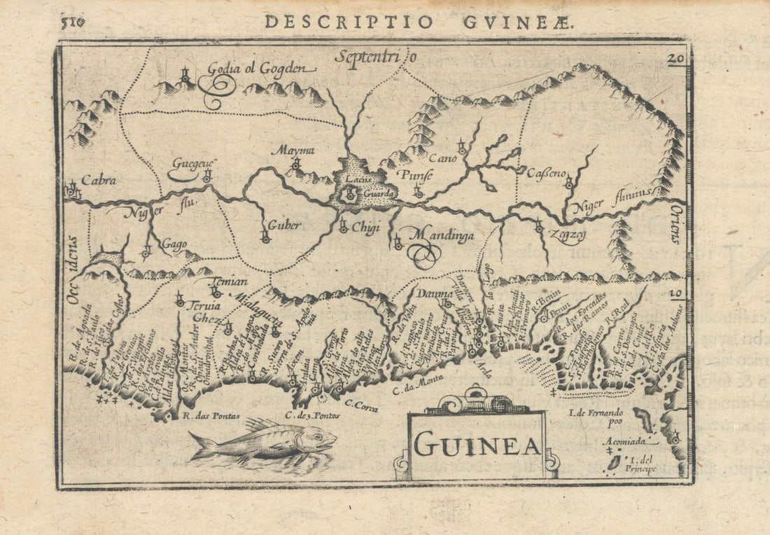 Guineae / Guinea by Bertius / Langenes. West Africa 1603 old antique map chart: Title: Guineae / Guinea by Bertius / Langenes. West Africa 1603 old antique map chart Description: Descriptio Guineae / Guinea [West Africa]. Drawn by Petrus Bertius, from his Latin edition of Barent