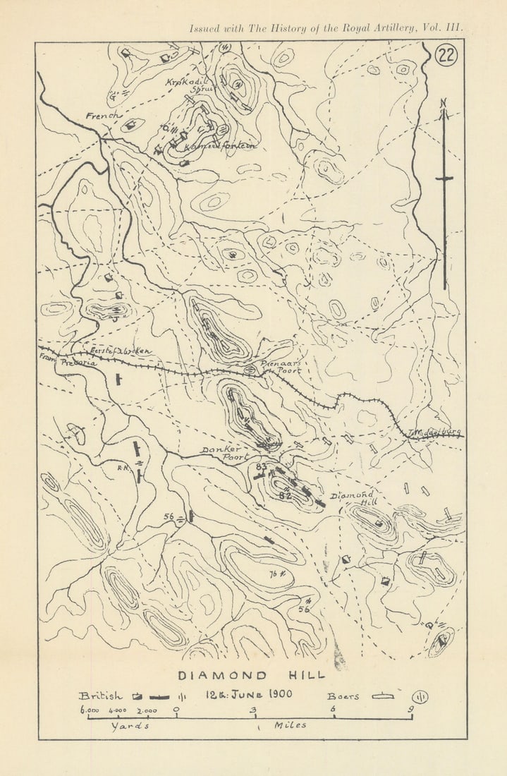 Battle of Diamond Hill 1900 2nd Boer War. South Africa. Royal Artillery 1937 map (1 of 1)