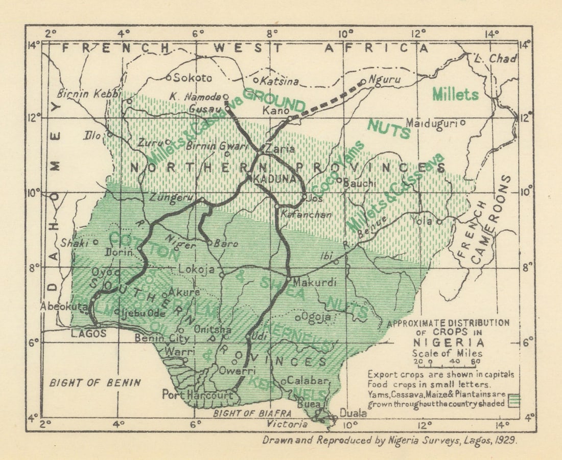 Approximate distribution of Crops in Nigeria 1929 old vintage map plan chart: Title: Approximate distribution of Crops in Nigeria 1929 old vintage map plan chart Description: Approximate distribution of Crops in Nigeria'. Drawn & Reproduced by Nigeria Surveys, Lagos. Published