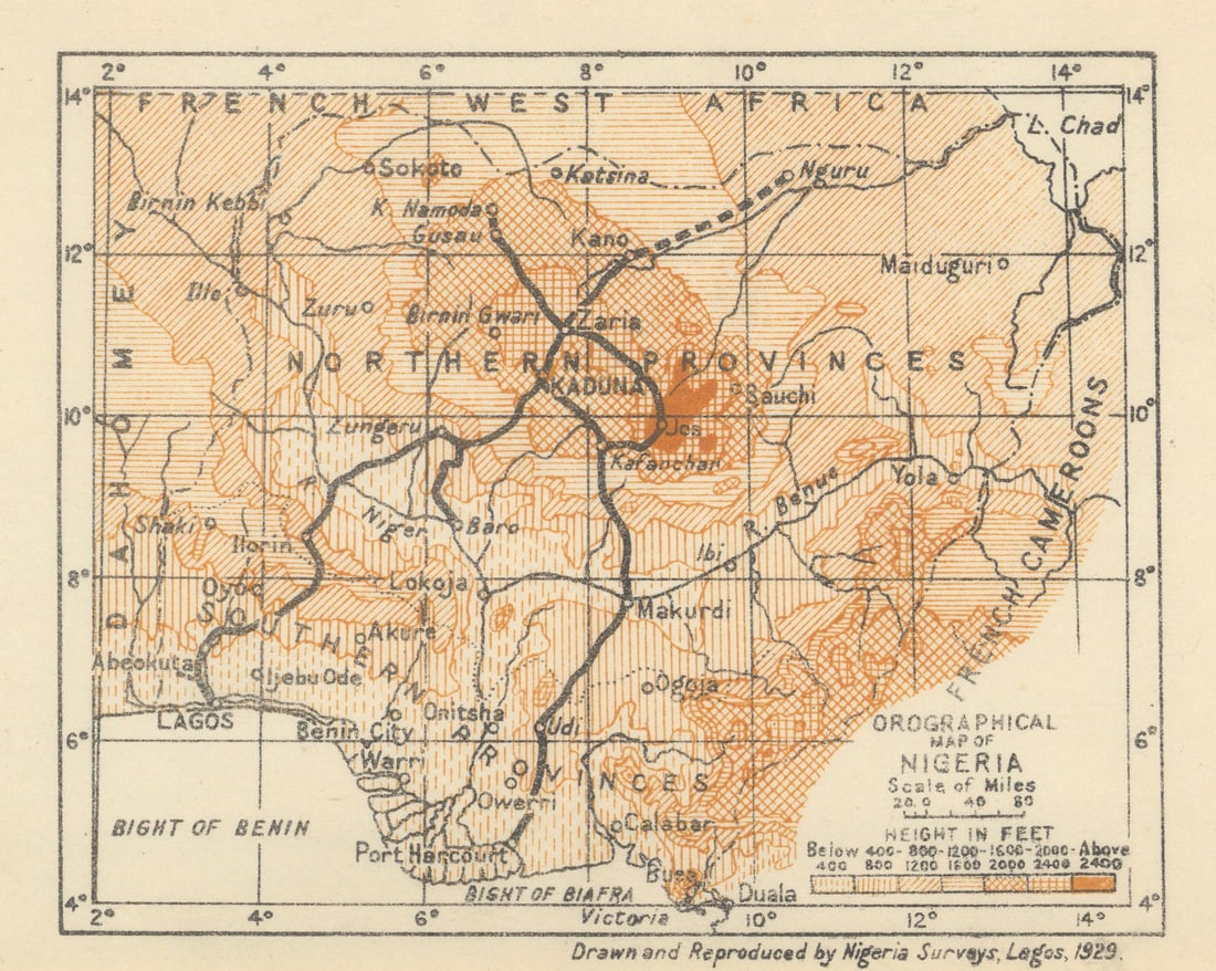 Orographical Map of Nigeria 1929 old vintage plan chart (1 of 1)