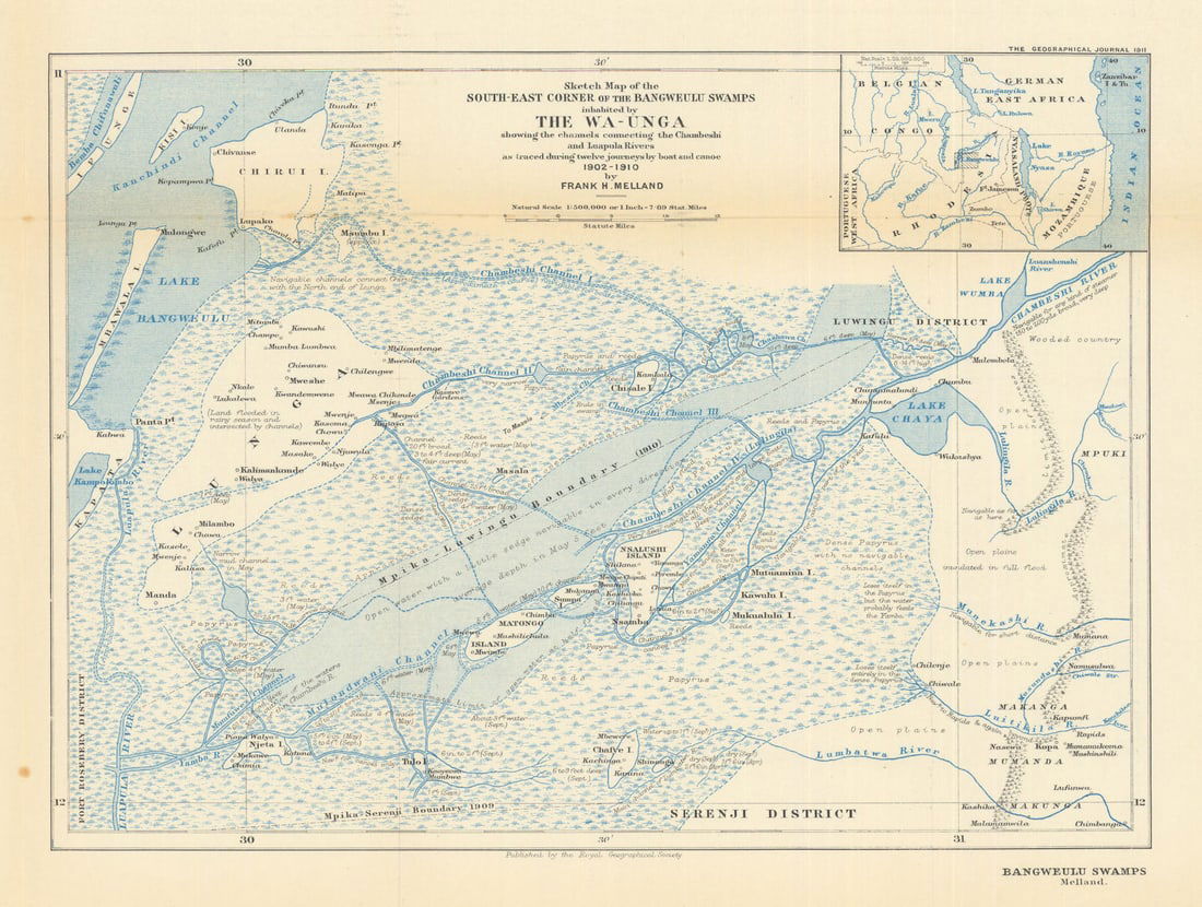 Bangweulu Swamps… surveyed 1902-10 by Frank Melland. Zambia. RGS 1911 old map (1 of 1)
