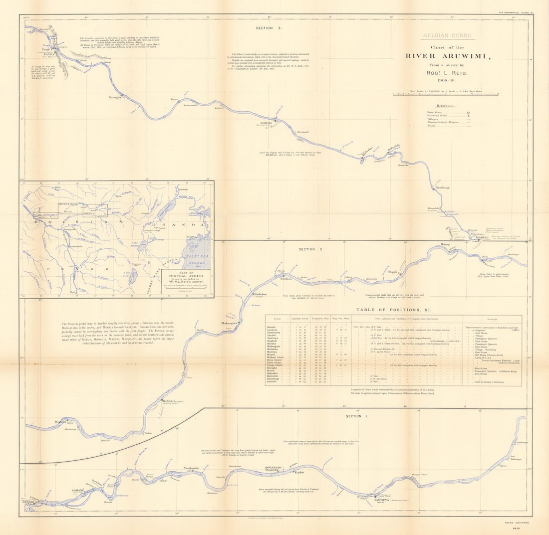 Belgian Congo. The River Aruwimi from a survey by Robt. L. Reid. RGS 1911 map: Title: Belgian Congo. The River Aruwimi from a survey by Robt. L. Reid. RGS 1911 map Description: Belgian Congo. Chart of the River Aruwimi from a survey by Robt. L. Reid, 1908-10'. Royal Geographical