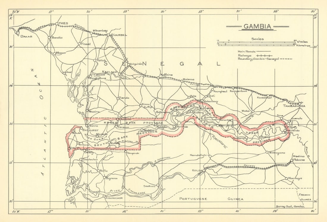 Map of Gambia by Survey Department, Gambia 1938 old vintage plan chart: Title: Map of Gambia by Survey Department, Gambia 1938 old vintage plan chart Description: Gambia'. Survey Department, Gambia. Published 1938. Antique colour map. Size 19 x 28 cm | 7.5 x 11.0 inches.
